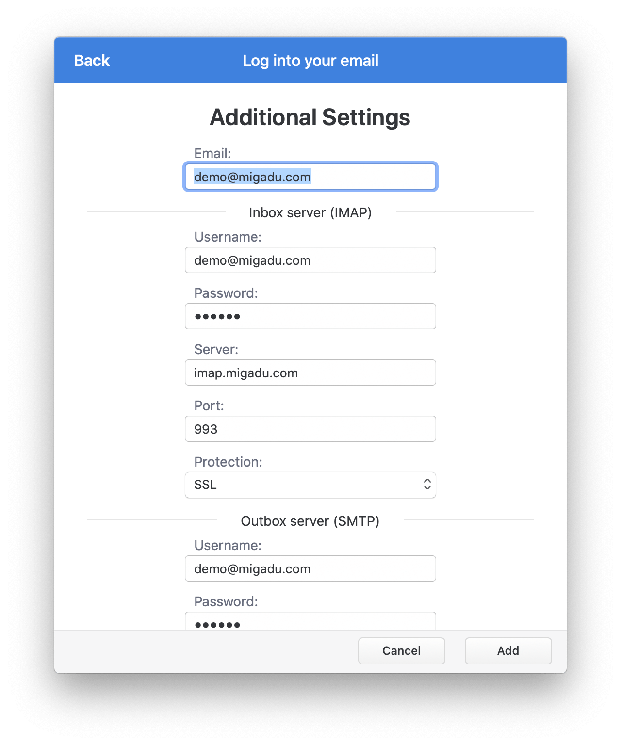 Spark advanced settings screen IMAP